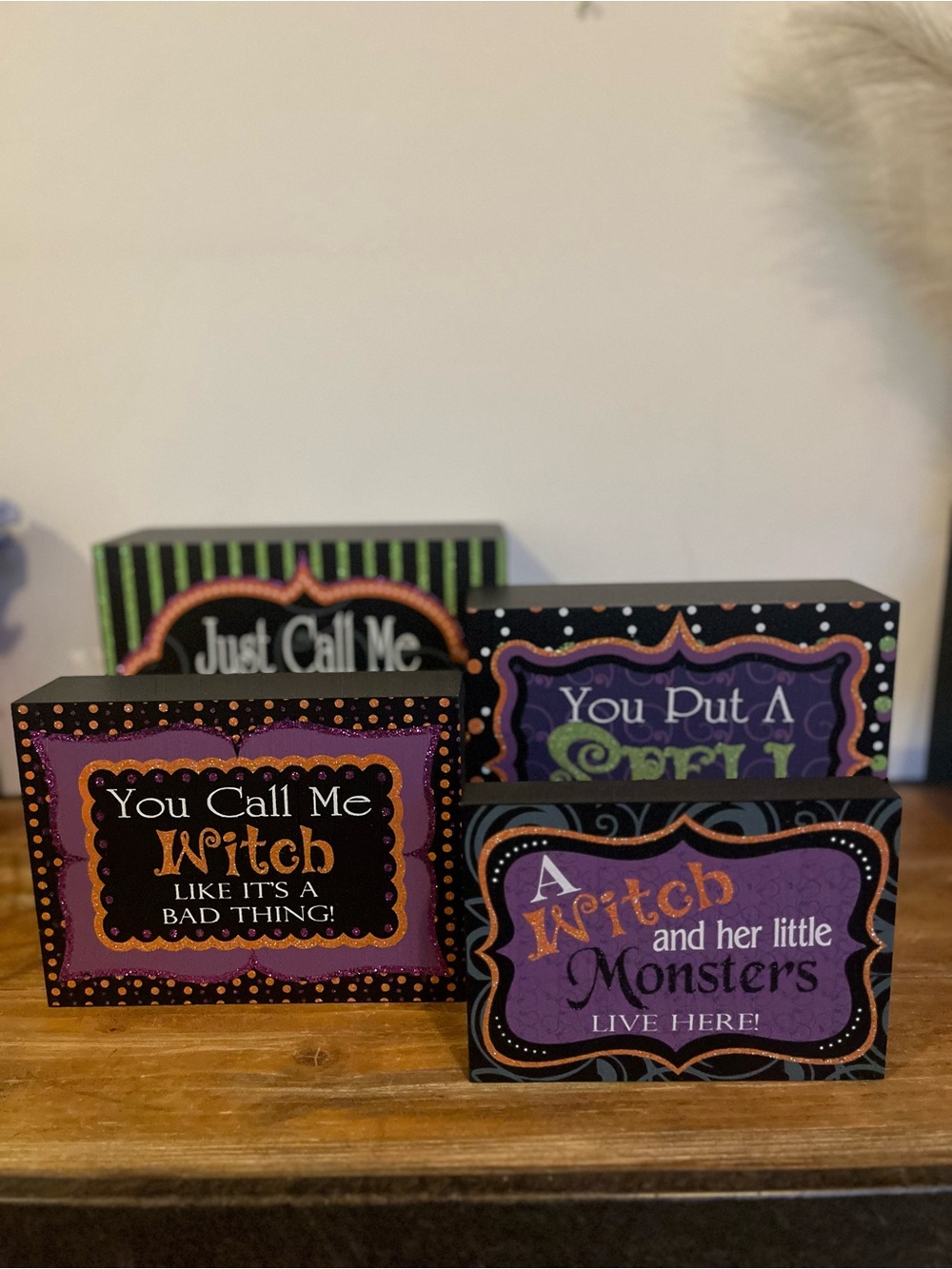 Seasonal Witch Decorative Block Signs - Purple and Black (Nesting)